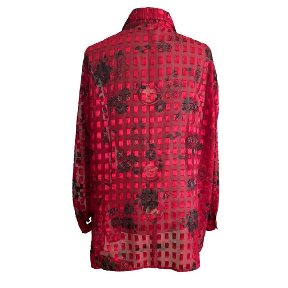 Notations Womens 1X Red & Black Sheer Shimmery Floral Long Sleeve Button Up Top - Picture 2 of 8